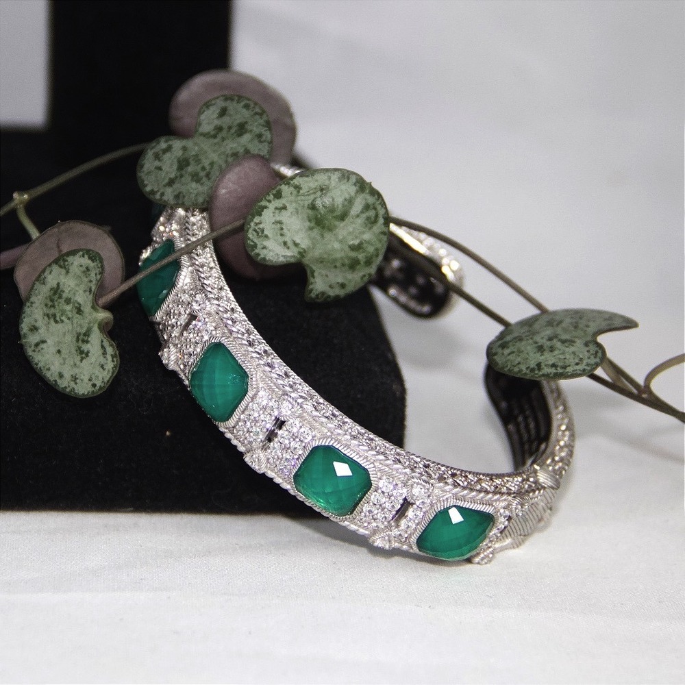 Judith Ripka Sterling Silver Green Chalcedony CZ Hinge Cuff Bracelet 6 Inch